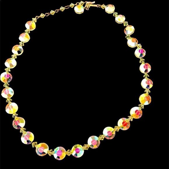 Vintage Hobe jonquil yellow faceted raviolli faceted ab crystal necklace - Picture 3 of 15